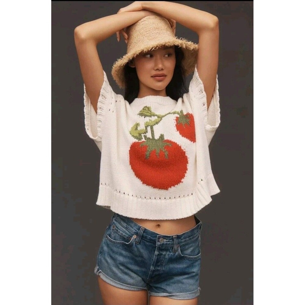 Anthropologie Maeve Crewneck Veggie Motif Tomato Sweater Size Small